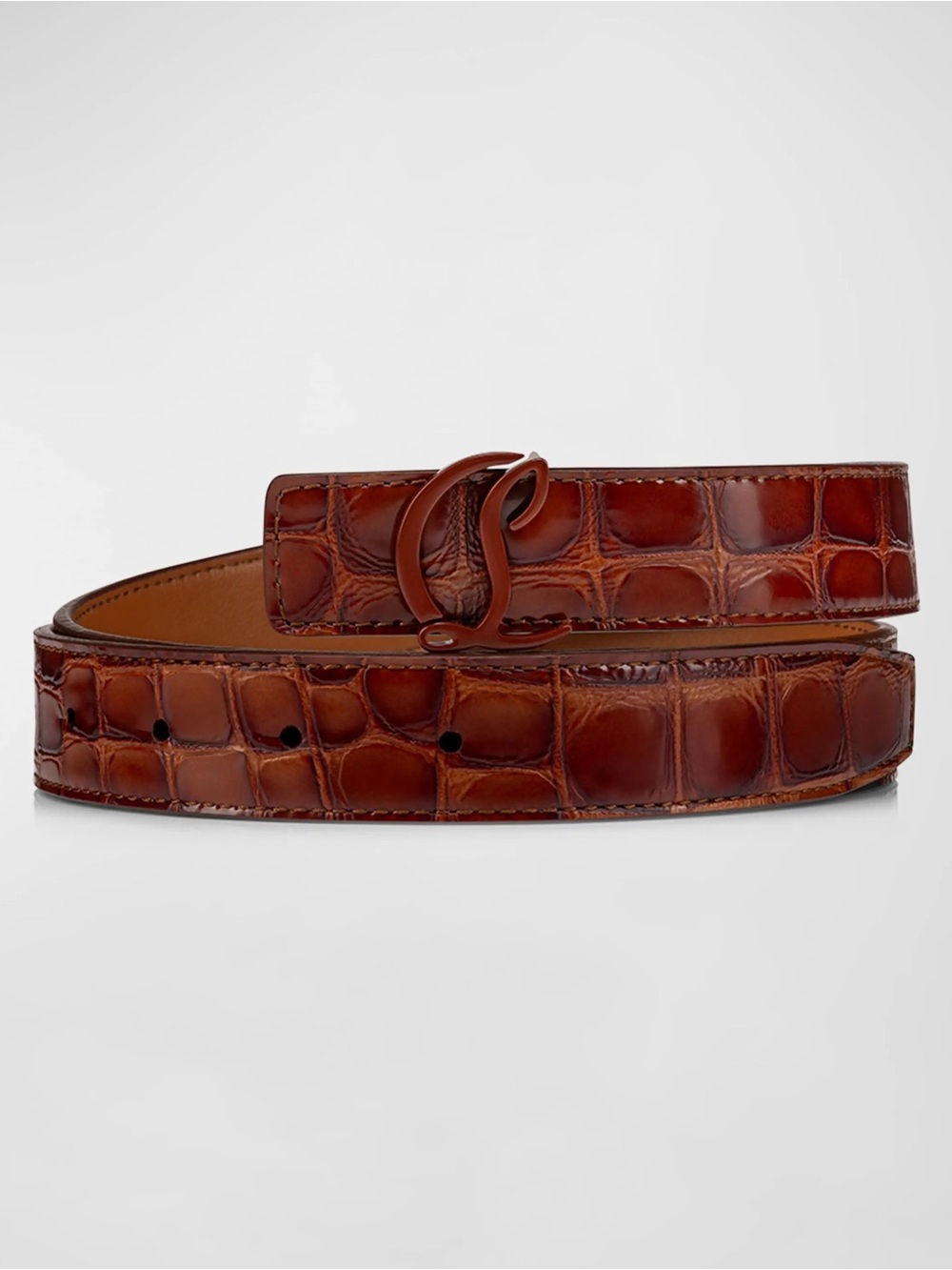 Christian Louboutin Brown Croc-Embossed Leather Belt with Signature Logo Buckle